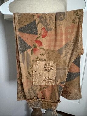easel Patchwork Print Wide-Leg Pants in Tan, Blue and Pink